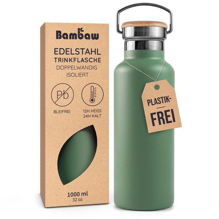 Bambaw Isolierte Trinkflasche 1l, Edelstahl Trinkflasche 1l, Fahrradflasche Edelstahl, Schlankes Des