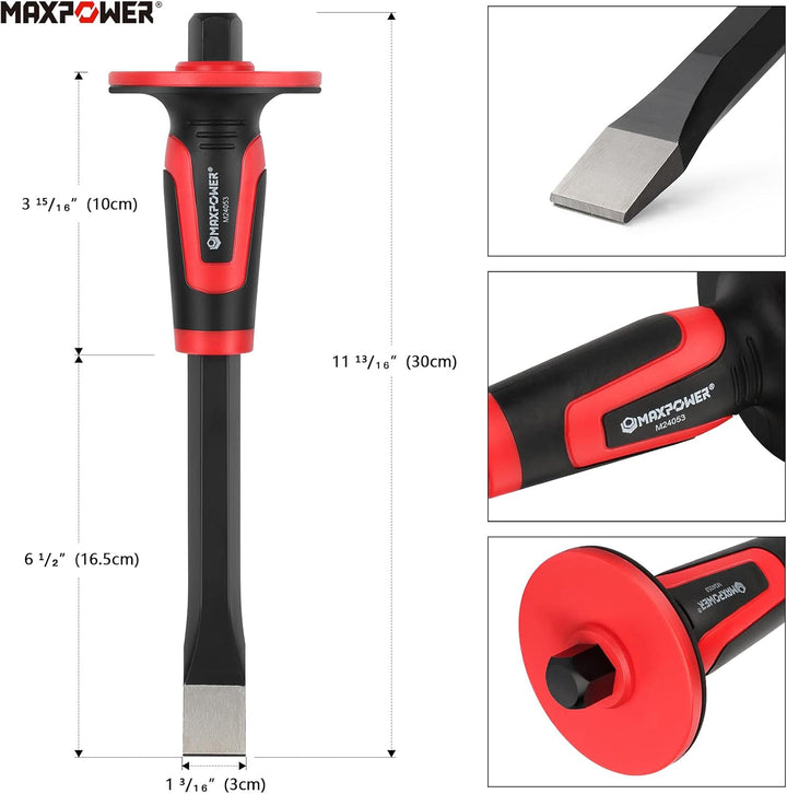 MAXPOWER Handmeissel Set 3 Stück mit Handschutz, Spitzmeissel 30cm, Präzisionsflachmeissel 30 x 3 cm