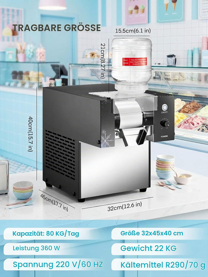 FOHERE Gewerbliche Schnee-Eismaschine 125kg/24h, Edelstahl Bingsu Maschine mit Selbstreinigungsfunkt