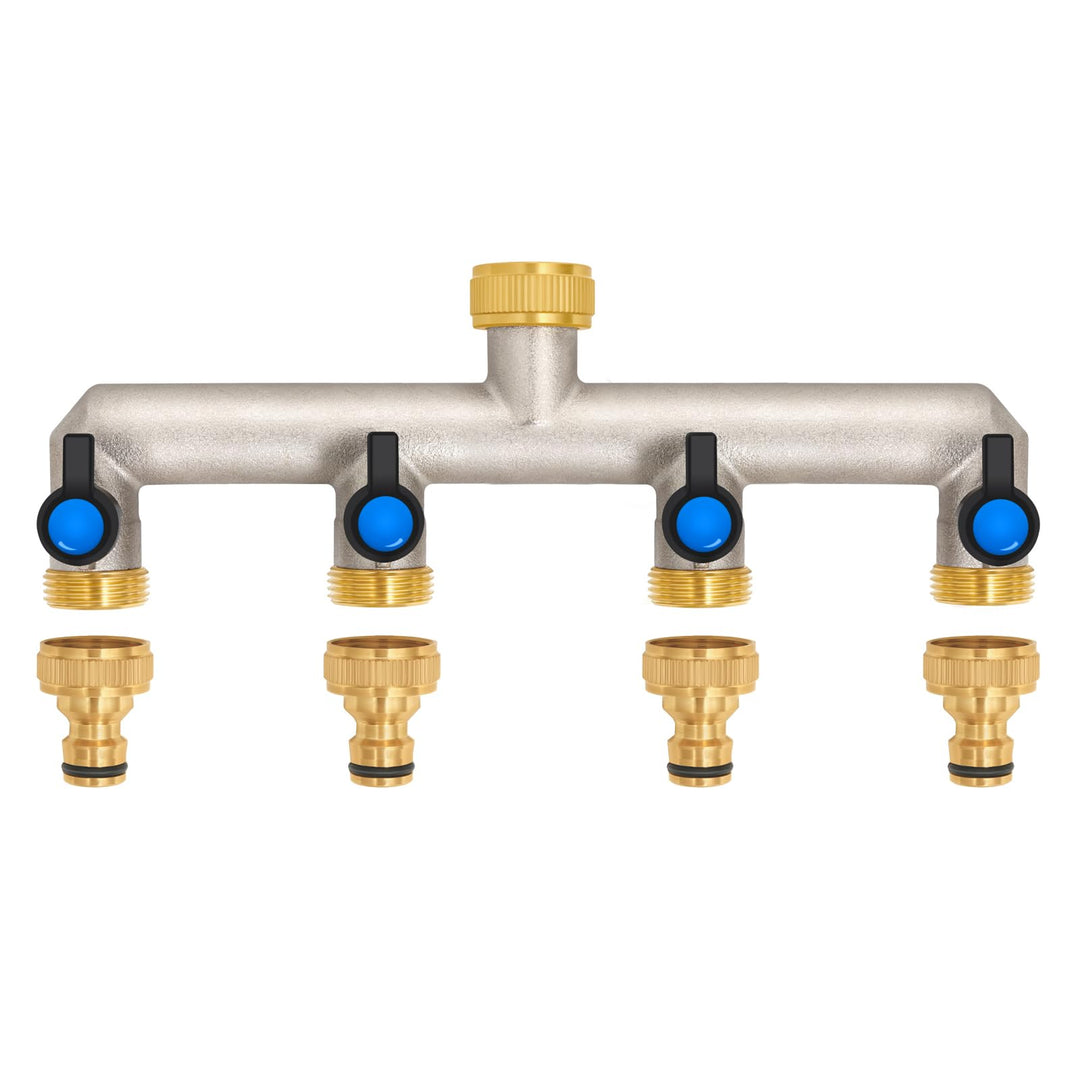 4-Wege Wasserhahn Wasserverteiler aus Messing für 4 Geräte/Gartenschläuche, 4er Verteiler 3/4" Adapt
