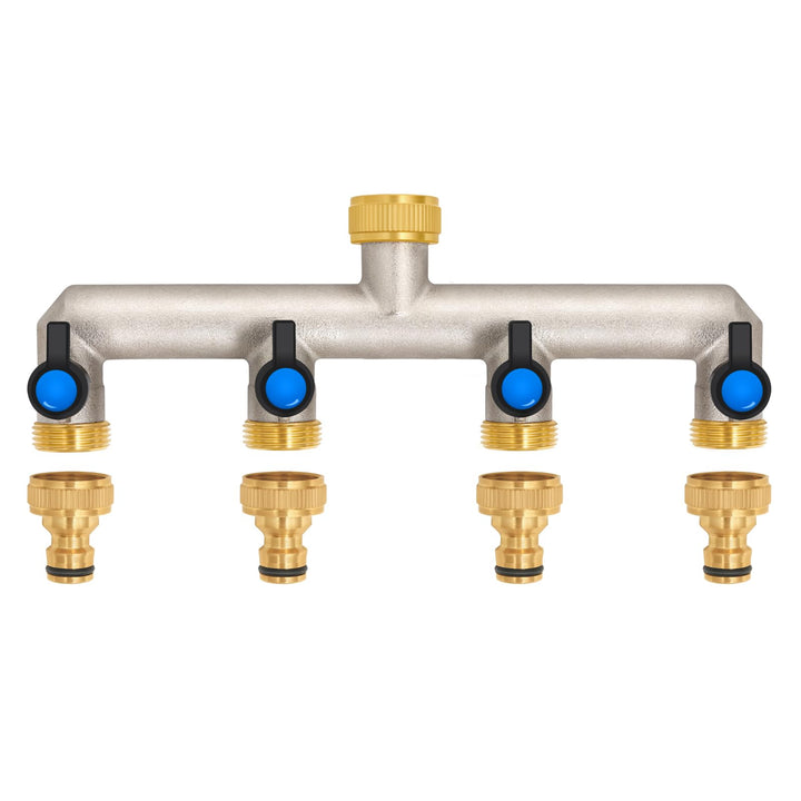 4-Wege Wasserhahn Wasserverteiler aus Messing für 4 Geräte/Gartenschläuche, 4er Verteiler 3/4" Adapt