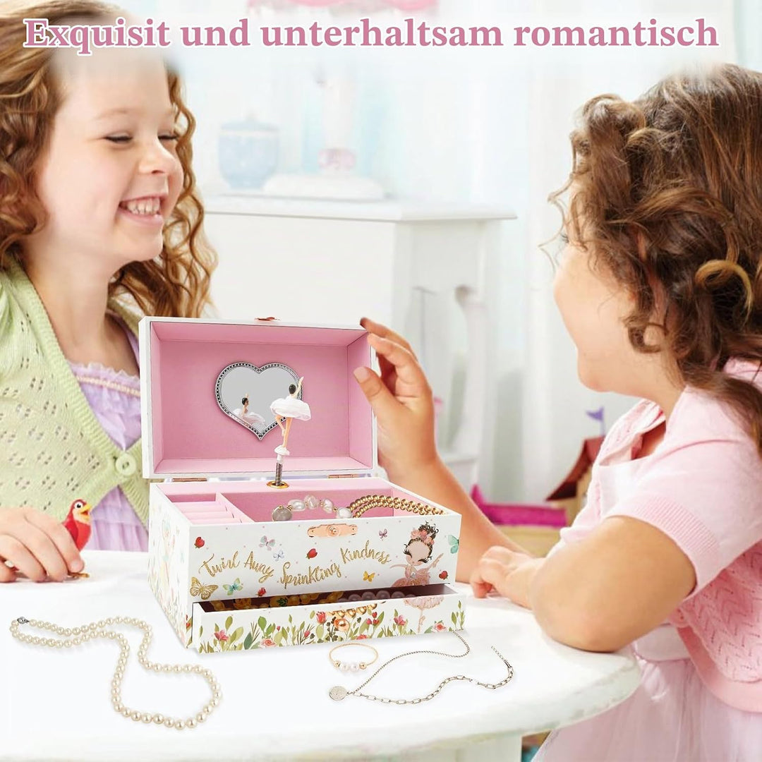 Musikalisches Schmuckkästchen Kinder Spieluhr mit Drehendem Einhorn Ballettmädchen Spiegel Schublade