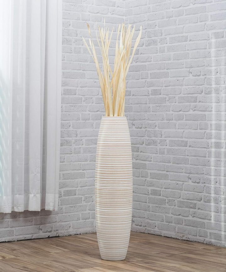 Leewadee Grosse Bodenvase für Dekozweige hohe Standvase Design Holzvase, Holz, 70 cm, White Wash 70