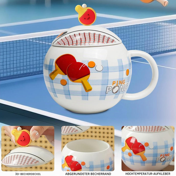 Lustige Tischtennis Kaffeetasse, Pingpong Keramik Becher, Ballform Cappuccino Tassen mit Deckel, Ges