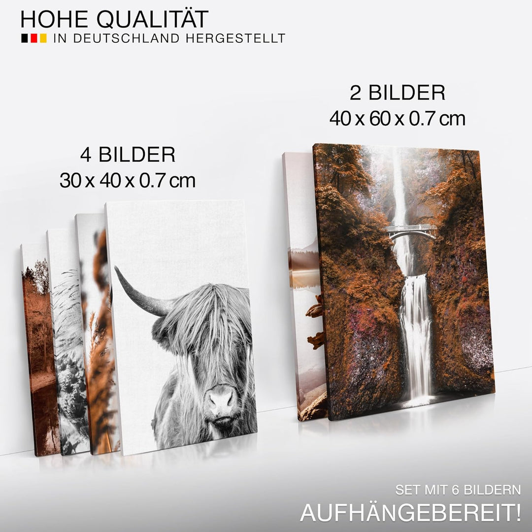 Novart Wandbilder Set Natur Berge See Orange Braun - KEIN EXTRA RAHMEN BENÖTIGT - Modern Deko - Wohn