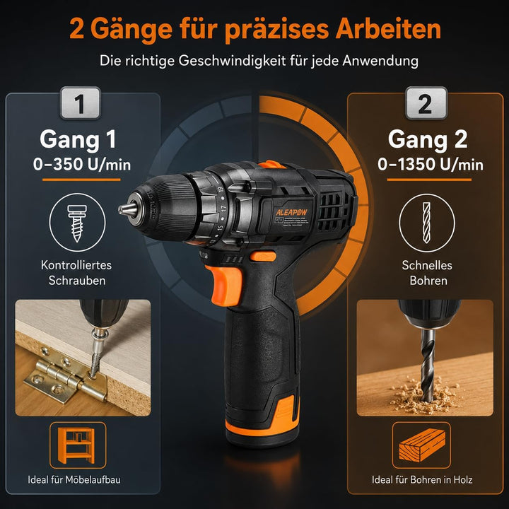 Akku-Bohrschrauber mit hoher Leistung, zwei Gängen, umfangreichem Zubehörset, LED-Licht, Schnelllade