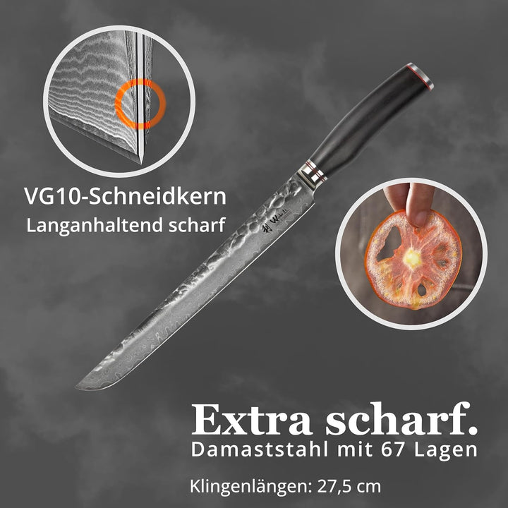 Wakoli EBO Premium Fleischmesser Tanto mit 27,5 cm Klinge und Hammerschlag gefertigt aus 67 Lagen ec