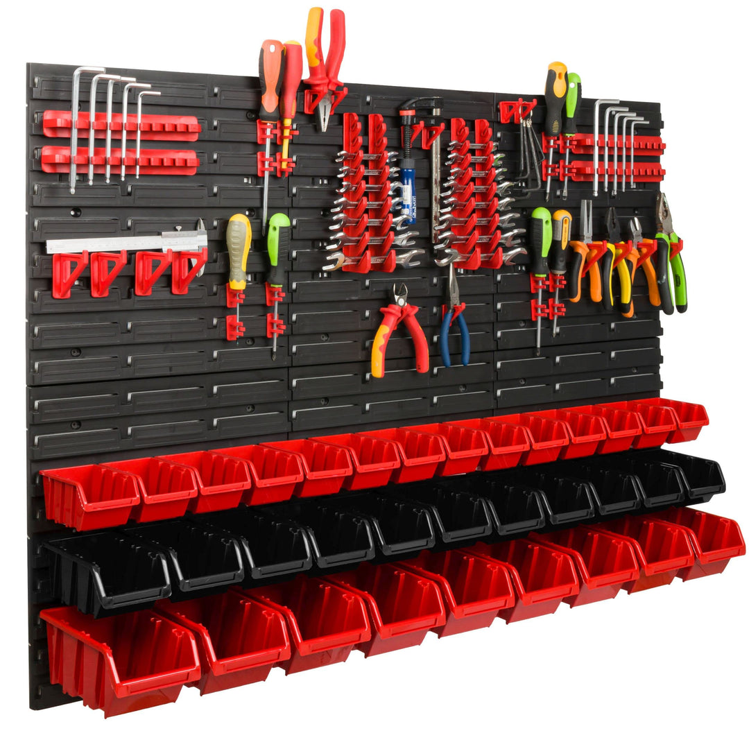 Lagersystem Werkstattregal | 117 x 78 cm | 34 stck. Box | Wandregal mit Werkzeughalterungen und Stap