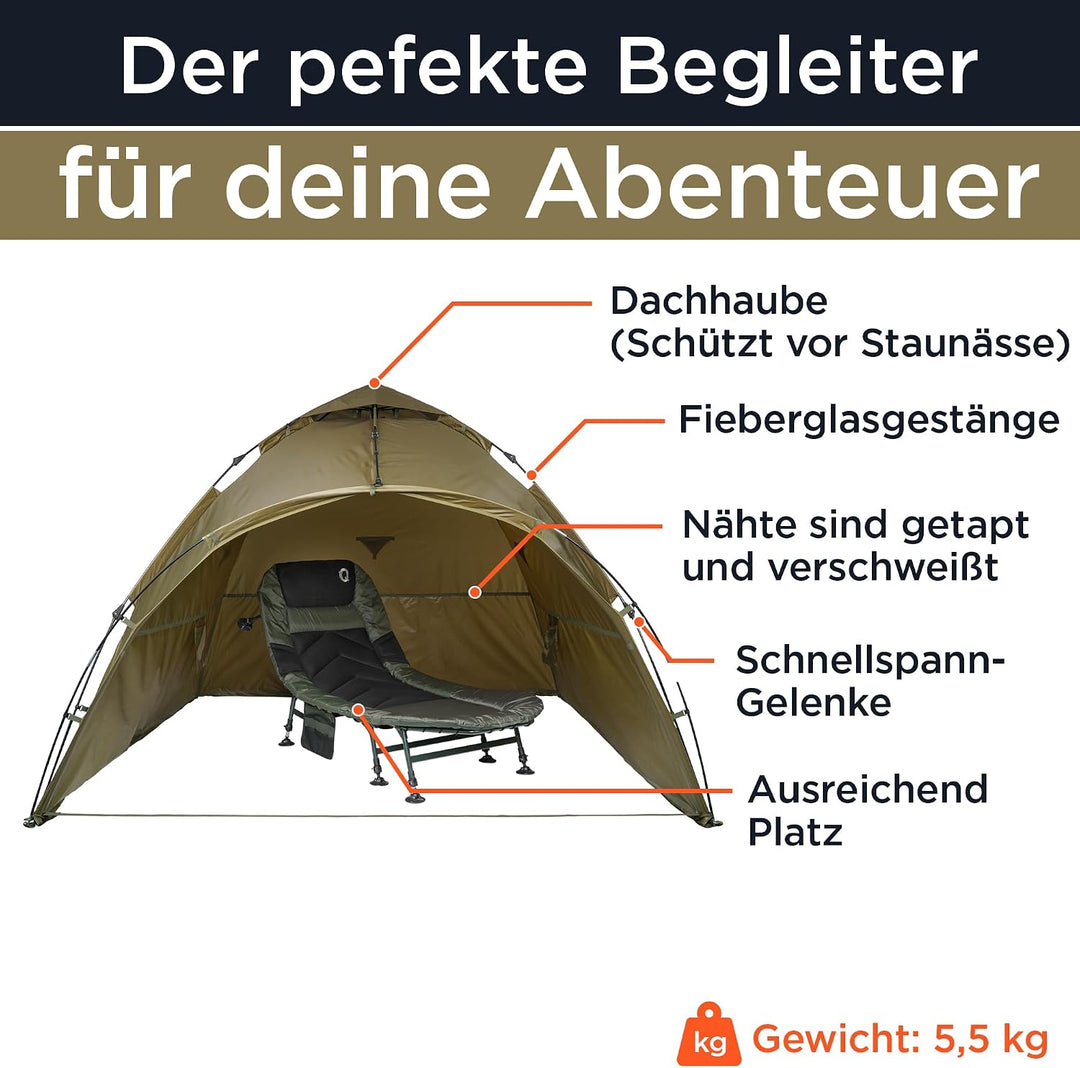 Q-Tac Ruck Zuck Bivvy Angelzelt Vorne Geöffnet, 2 Mann Karpfenzelt, Angel Zelt 250 cm x 250 cm x 160