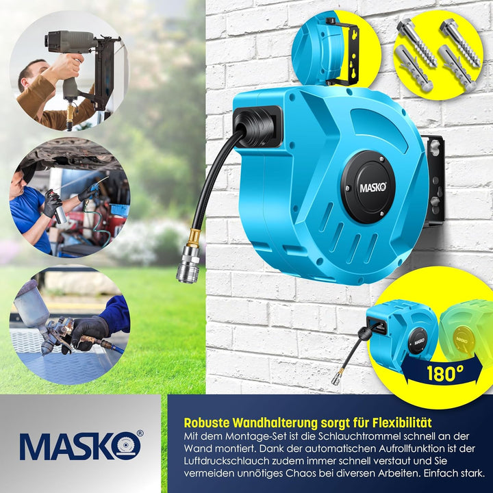 MASKO® Automatik Druckluftschlauch Aufroller 10m – Schlauchtrommel mit 1/4" Anschluss, Schlauchaufro
