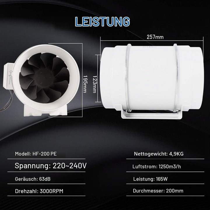 Hon&amp;Guan Abluftventilator Rohrventilator 200mm mit Variabler Geschwindigkeitskontrolle, Abluftventil