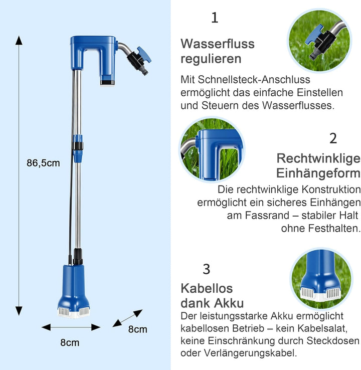 FOTING Akku Regenfasspumpe 12 V 1500 l/h mit 3 Modi, Förderhöhe 15 m, max. Korngrösse 0,5 mm, Mindes