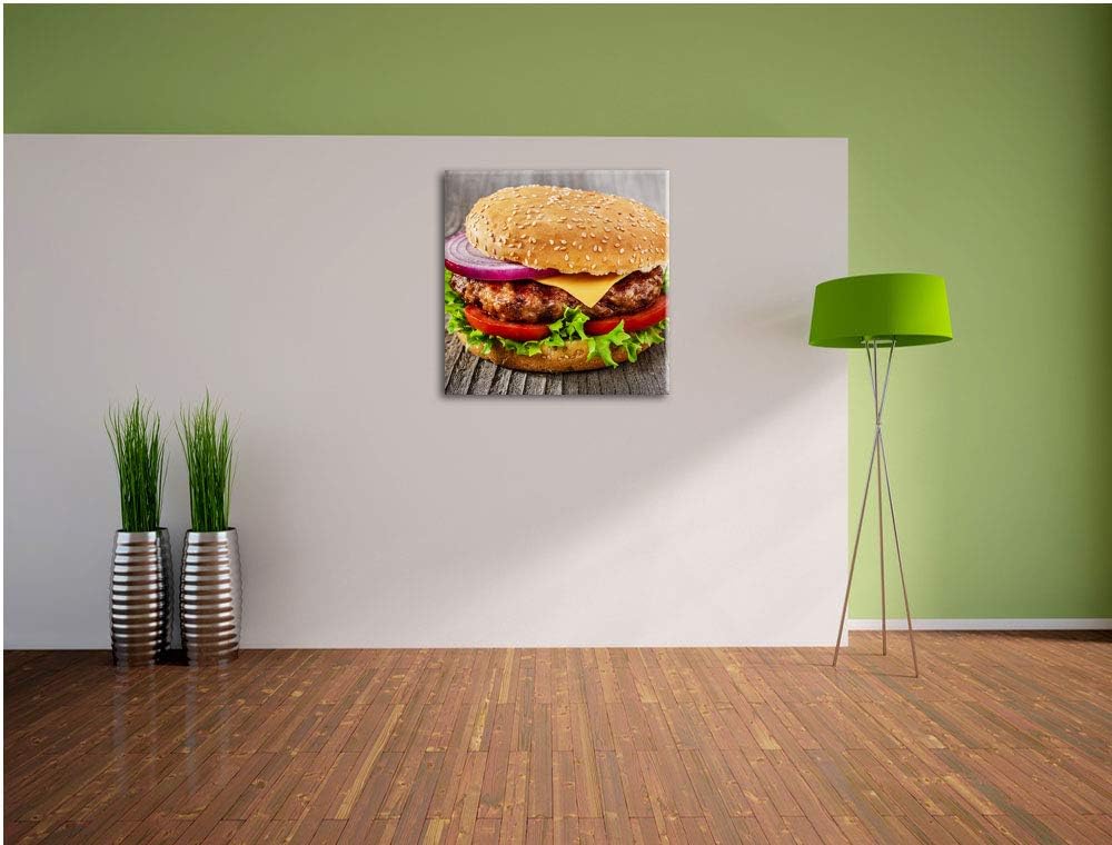 Leckerer Cheeseburger, Format: 70x70 auf Leinwand, XXL riesige Bilder fertig gerahmt mit Keilrahmen,