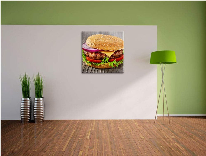 Leckerer Cheeseburger, Format: 70x70 auf Leinwand, XXL riesige Bilder fertig gerahmt mit Keilrahmen,