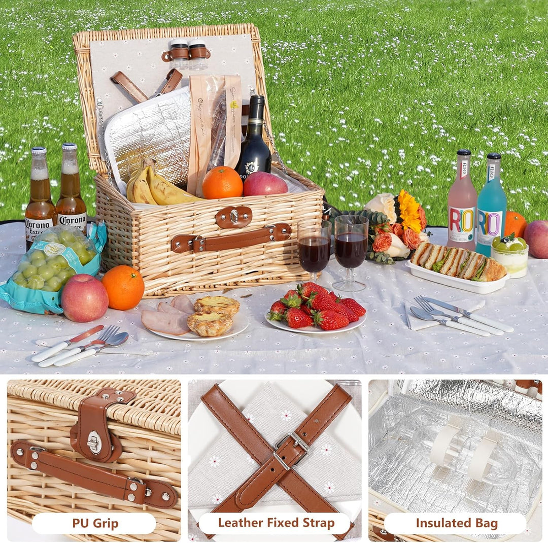 Picknickkorb für 2 Personen, Picknickkorb-Set mit Kühlfach und wasserdichte Picknickdecke, Besteck S