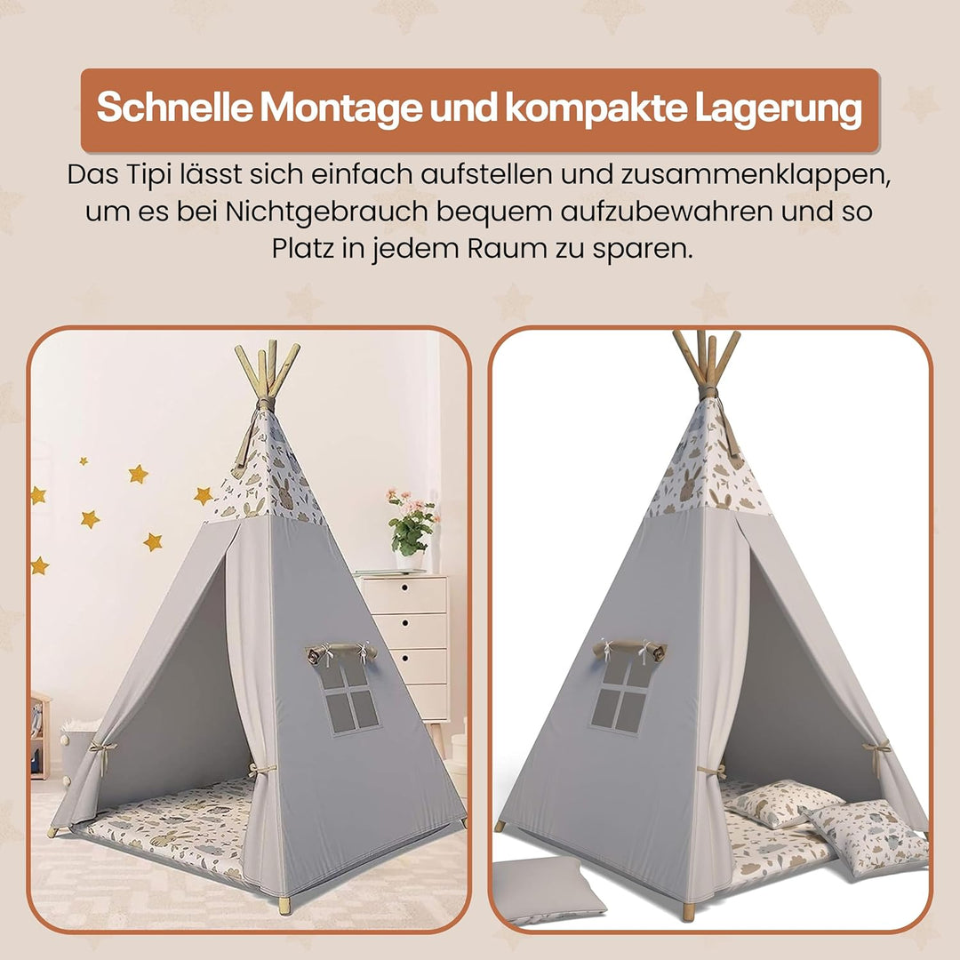Best For Kids Spielzelt Tipi Zelt Indianer Wigwam für Kinder mit Zubehör (Grau Tierchen), Grau Tierc