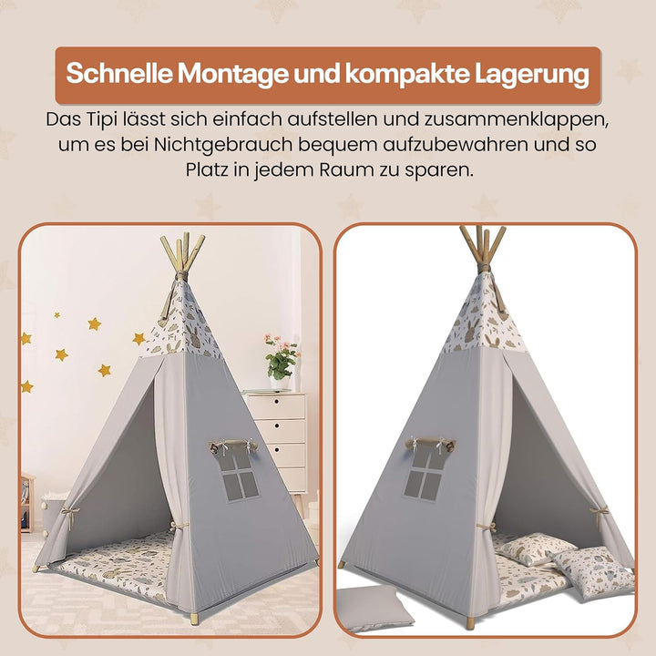 Best For Kids Spielzelt Tipi Zelt Indianer Wigwam für Kinder mit Zubehör (Grau Tierchen), Grau Tierc