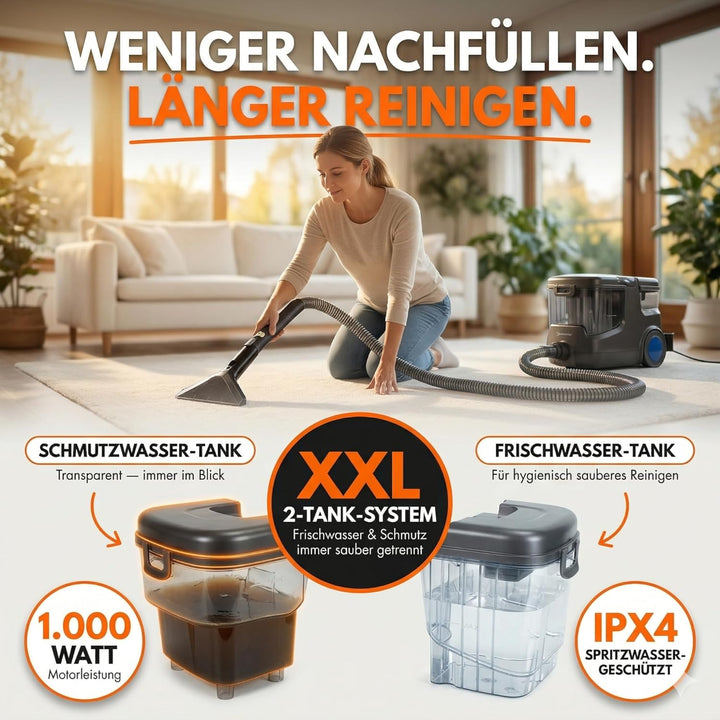 HYDRO 9000 MAX Waschsauger | 1.000W, 20 kPa | Teppichreiniger & Polsterreiniger mit Dampfsauger & Na
