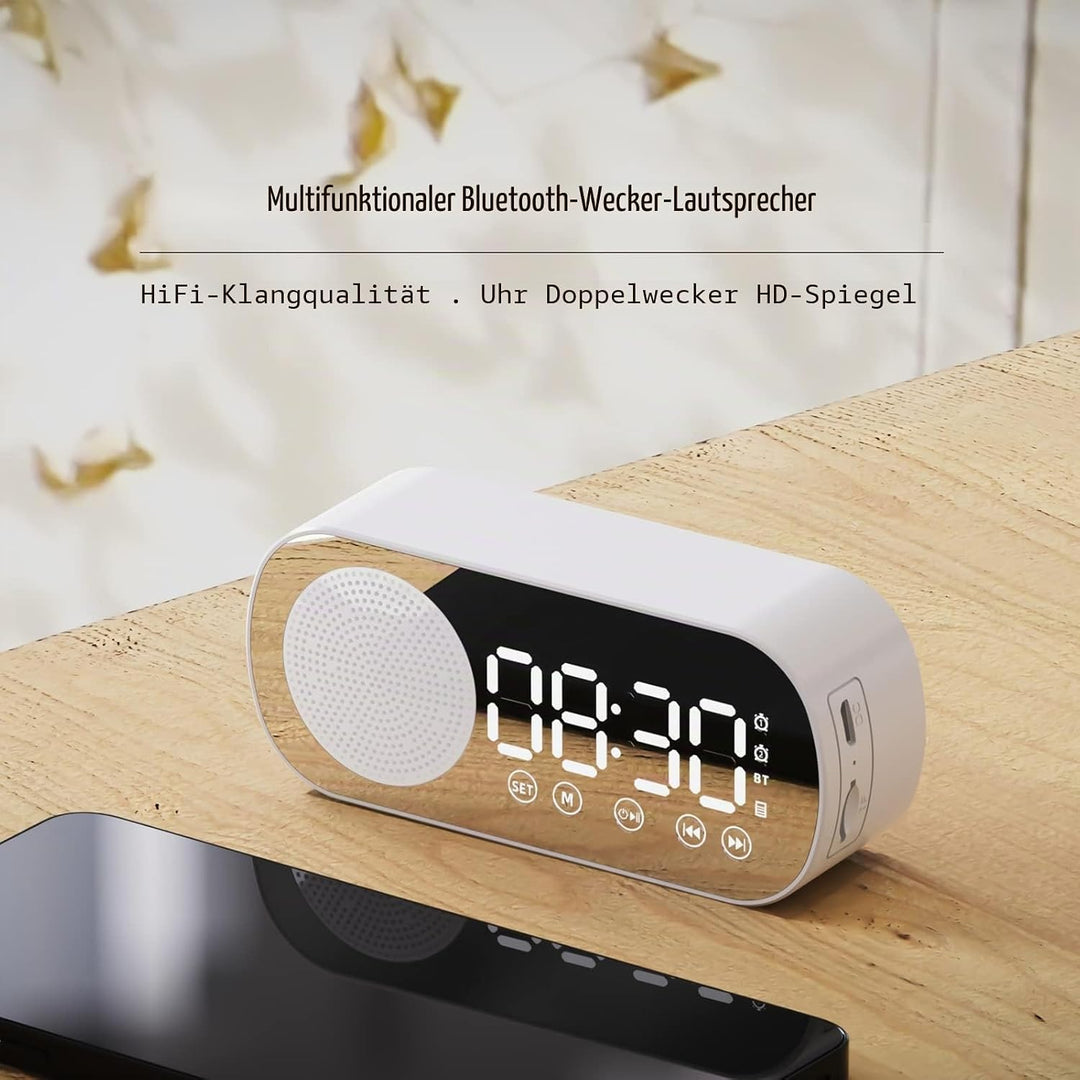 Elektrischer Wecker, Grosses Display, Drahtloser Bluetooth 5.0-Lautsprecher, Wecker mit Spiegeloberf