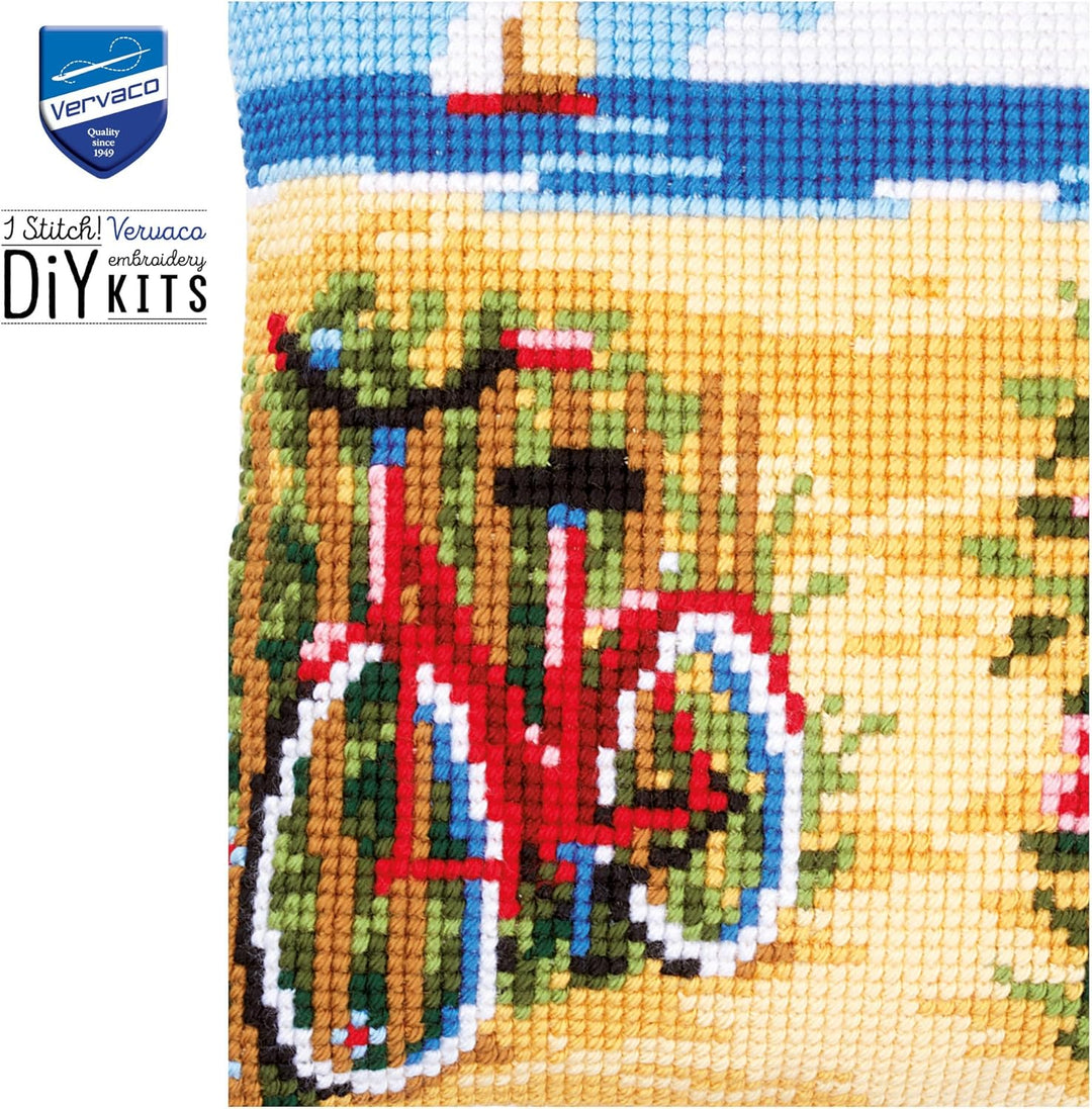 Vervaco Kreuzstichkissen Fahrrad am Strand, Stickbild vorgezeichnet Kreuzstichpackung Kissen, vorbez