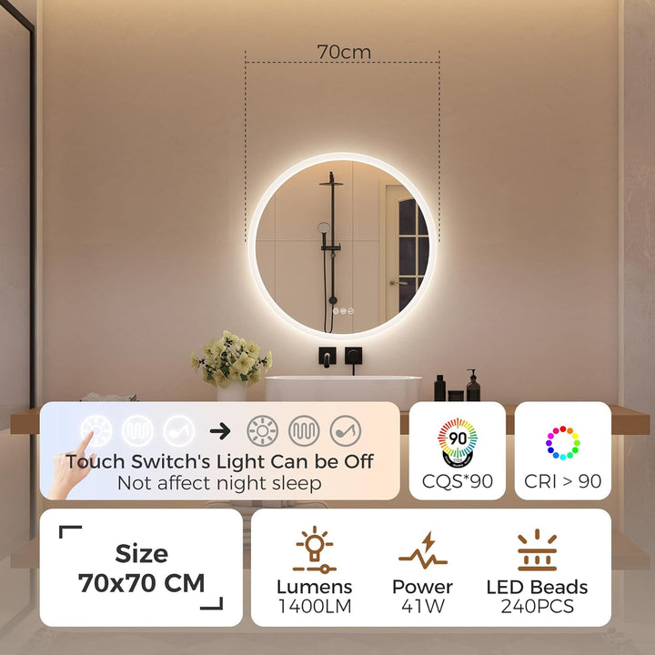 STARLEAD 70cm Runder-Badspiegel-mit-Beleuchtung, Bluetooth, Dimmbar, 3 Farbtemperatur, Entfoggen, Sp