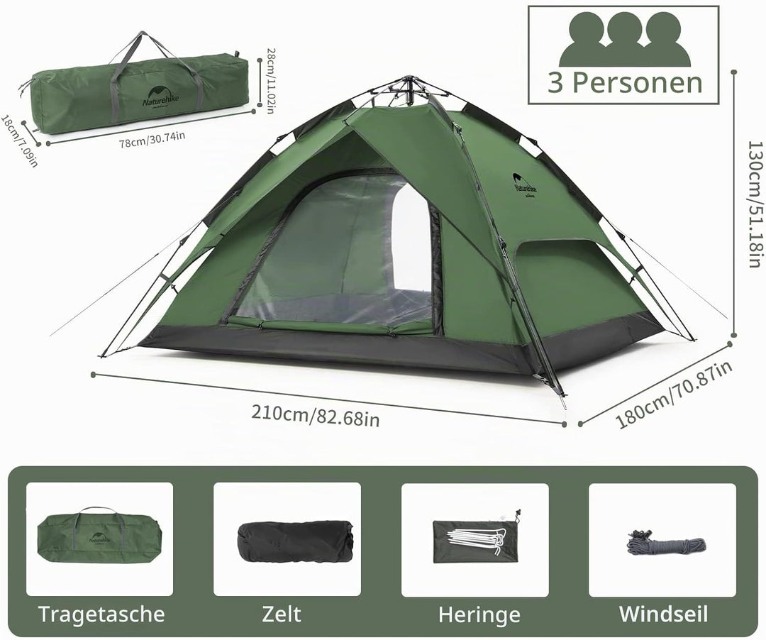 Naturehike Pop Up Zelt Wurfzelte Automatik Campingzelt 3-4 Personen Doppeldeck Kuppelzelt Grosses Fa