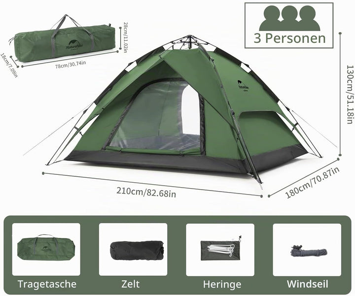 Naturehike Pop Up Zelt Wurfzelte Automatik Campingzelt 3-4 Personen Doppeldeck Kuppelzelt Grosses Fa