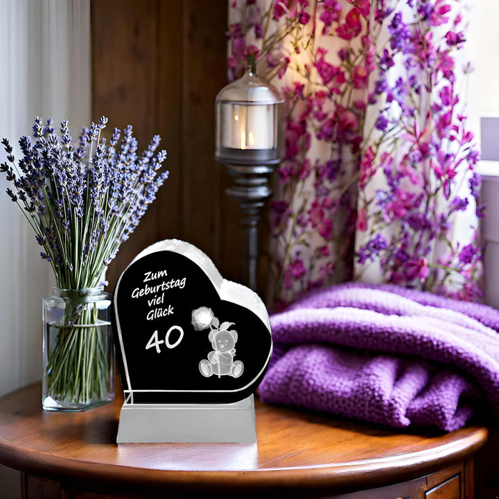 Kaltner Präsente Geschenkidee - Herz aus Glas: Kristallglas mit 3D-Laser-Gravur Teddy Rose/Zum Gebur