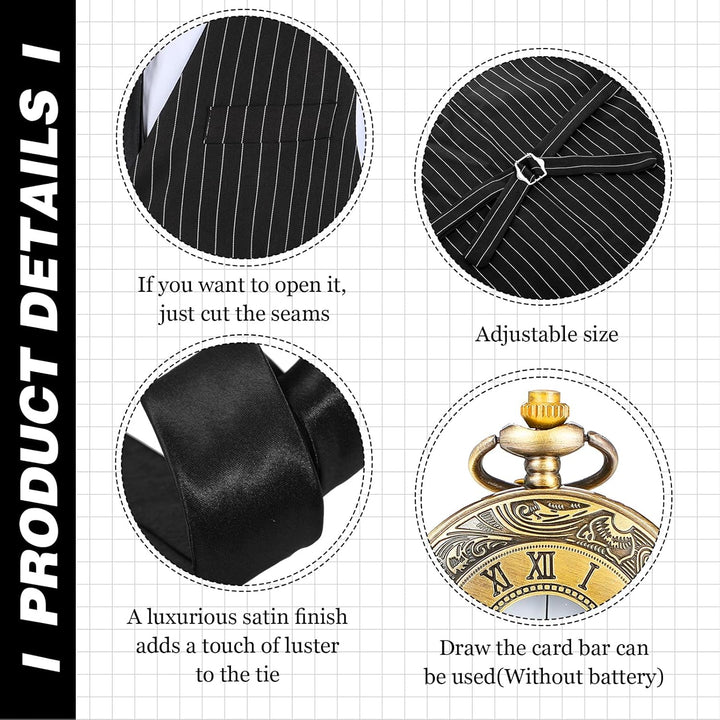Blulu 1920er Jahre Herren Accessoires mit Weste Fedora Hut Taschenuhr Hosenträger Krawatte (Schwarz