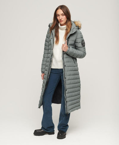 Superdry Damen Fuji Hooded Longline Puffer Jacke 38 Grün (Balsam Green), 38 Grün (Balsam Green)