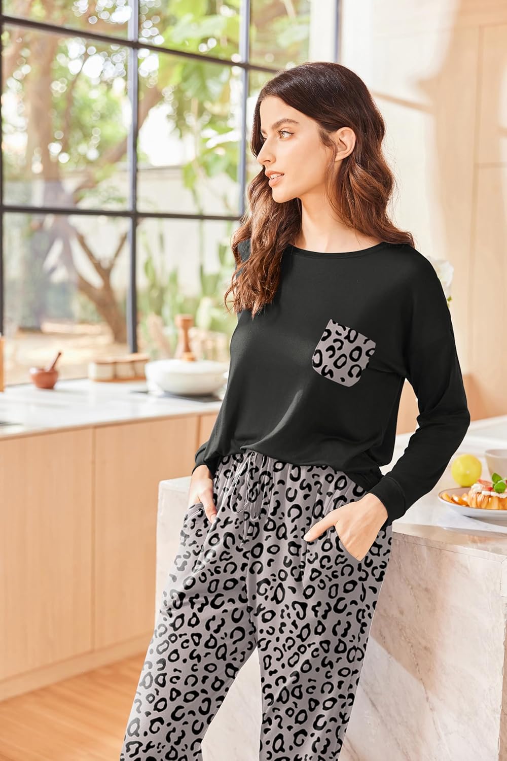 Ekouaer Schlafanzug Damen Lang Zweiteiler Pyjama Langarm Warm Pyjama Set Weich Nachtwäsche Kariert,