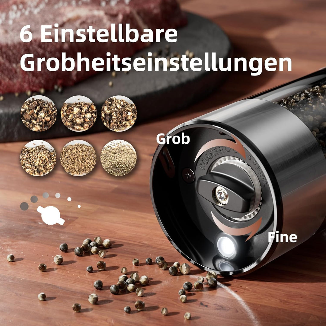 WONMAKE Salz und Pfeffermühle elektrisch Set mit verstellbarem Keramikmahlwerk,USB Wiederaufladbar S
