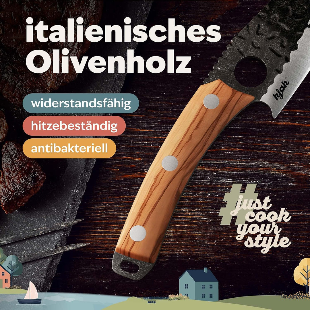 kjøk Premium Küchenmesser japanischer Style Klinge 15cm mit Loch und Olivenholzgriff Härte 56±2 HRC