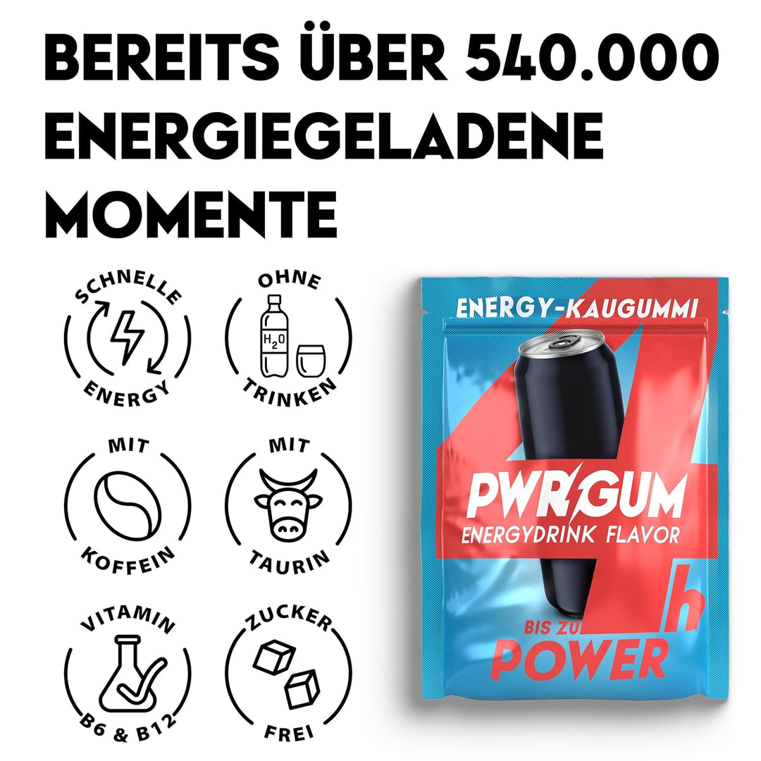 PWRGRUM Energy-Kaugummi Energy-Geschmack 4er Pack I Bis zu 4-Stunden Energie Boost I Zuckerfrei & Za