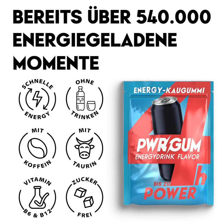 PWRGRUM Energy-Kaugummi Energy-Geschmack 4er Pack I Bis zu 4-Stunden Energie Boost I Zuckerfrei & Za