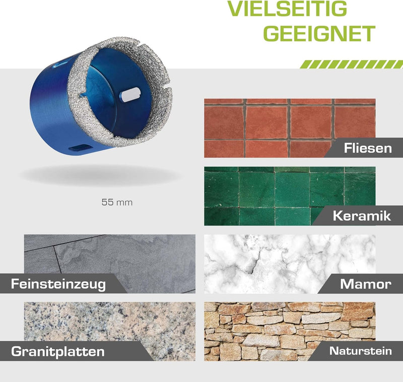 Profi Fliesenbohrer 55mm x M14 - Diamantbohrer für harte Fliesen, Feinsteinzeug uvm. Diamantbohrkron