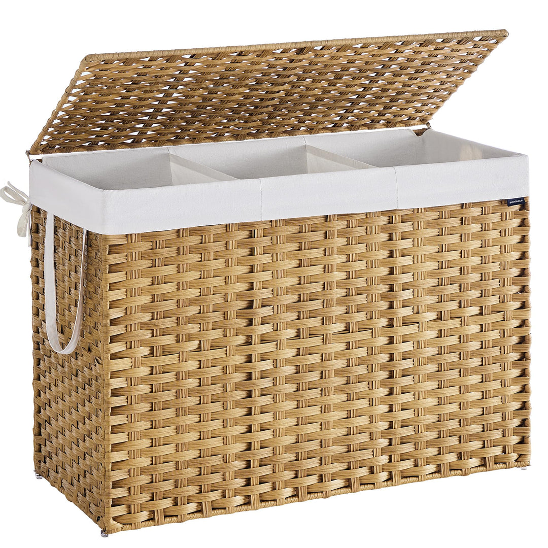 SONGMICS Wäschekorb 3 Fächern, Wäschesammler 200 L, Wäschebox aus synthetischem Rattan, mit Deckel u