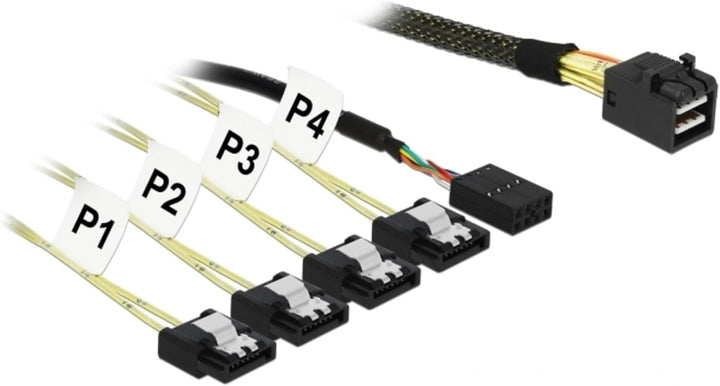 DeLock Kabel Mini SAS HD SFF-8643 > 4 x SATA 7 Pin + Sideband 1 m Metall