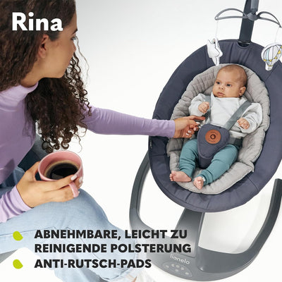 LIONELO Rina Babywippe und Liegestuhl 2in1, Fernbedienung, 360° drehbarer Sitz, zwei Schaukelrichtun