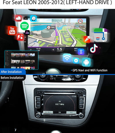 Podofo Android Autoradio GPS für Seat Leon 2 MK2 2005-2012(Linkslenker), 9" Touchscreen Navi WiFi Bl