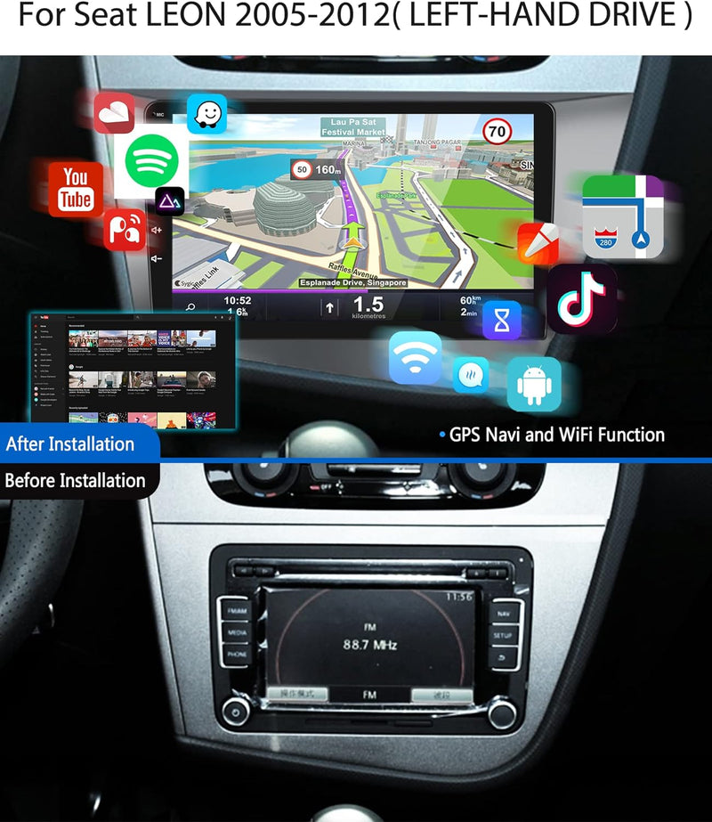 Podofo Android Carplay Autoradio für Seat Leon 2 MK2 2005-2012(Linkslenker), Android Auto HiFi GPS 9