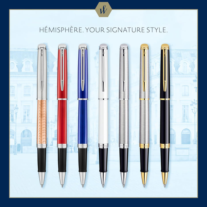 Waterman Hémisphère Tintenroller | Edelstahl mit Chromzierteile | feine Spitze | Schwarze Tinte | Ge