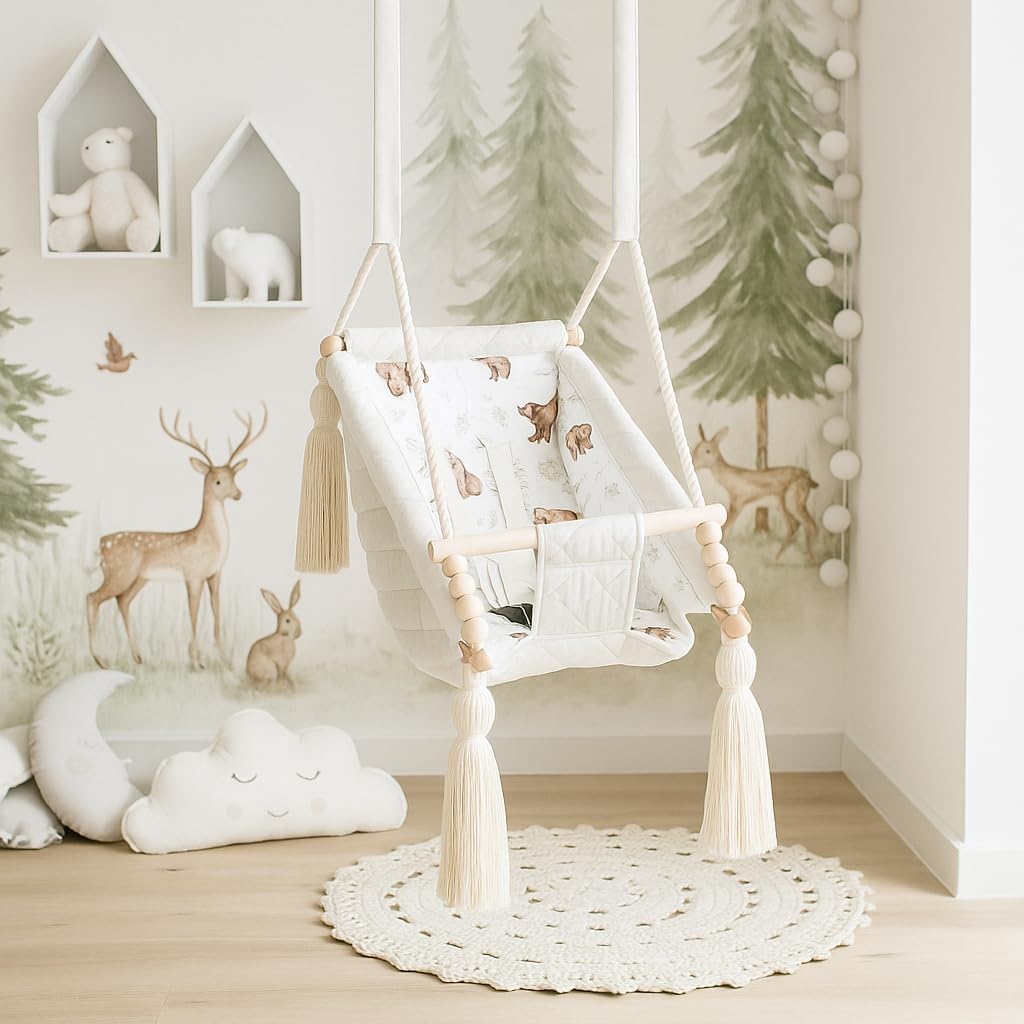 Babyschaukel, Naturbeige, Samt, Hängematte für den Innenbereich, 2 m, personalisierbar mit Vornamen,