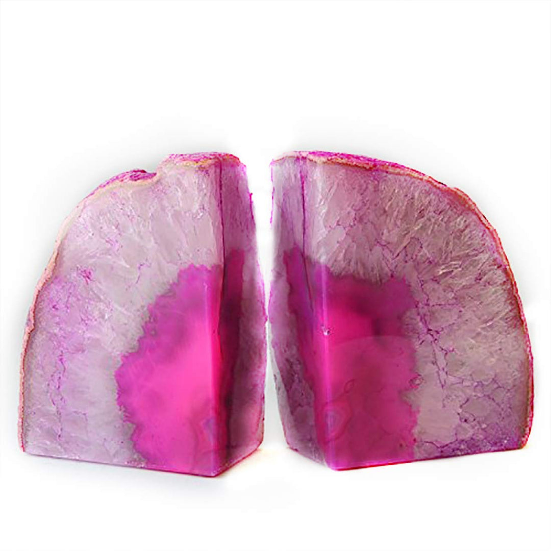 JIC Gem Dekorative Kristall-Buchstützen, poliert, gefärbt, rosa, Geode, brasilianischer Achat, Buchs