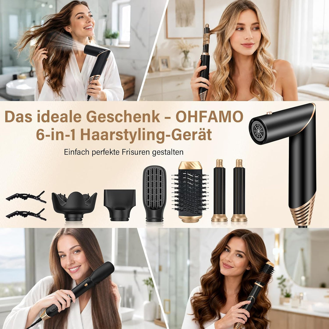6 in 1 Airstyler Set, Föhnbürste, Faltbare lonen Föhn, Warmluftbürste, Automatischer Lockenstab, Glä