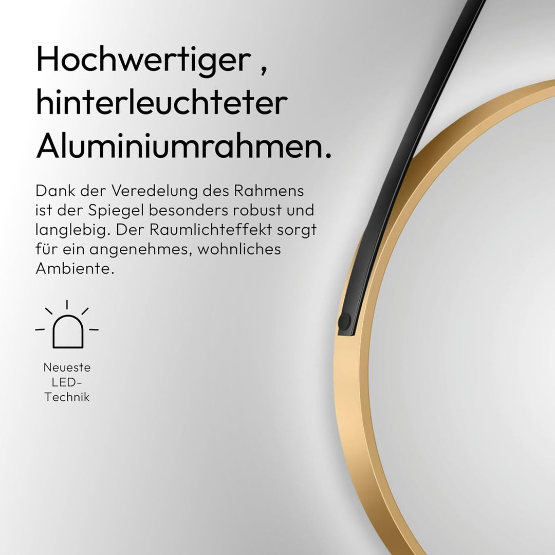 Talos golden Light Spiegel rund Ø 80 cm – runder Wandspiegel in matt Gold – Badspiegel rund mit hoch