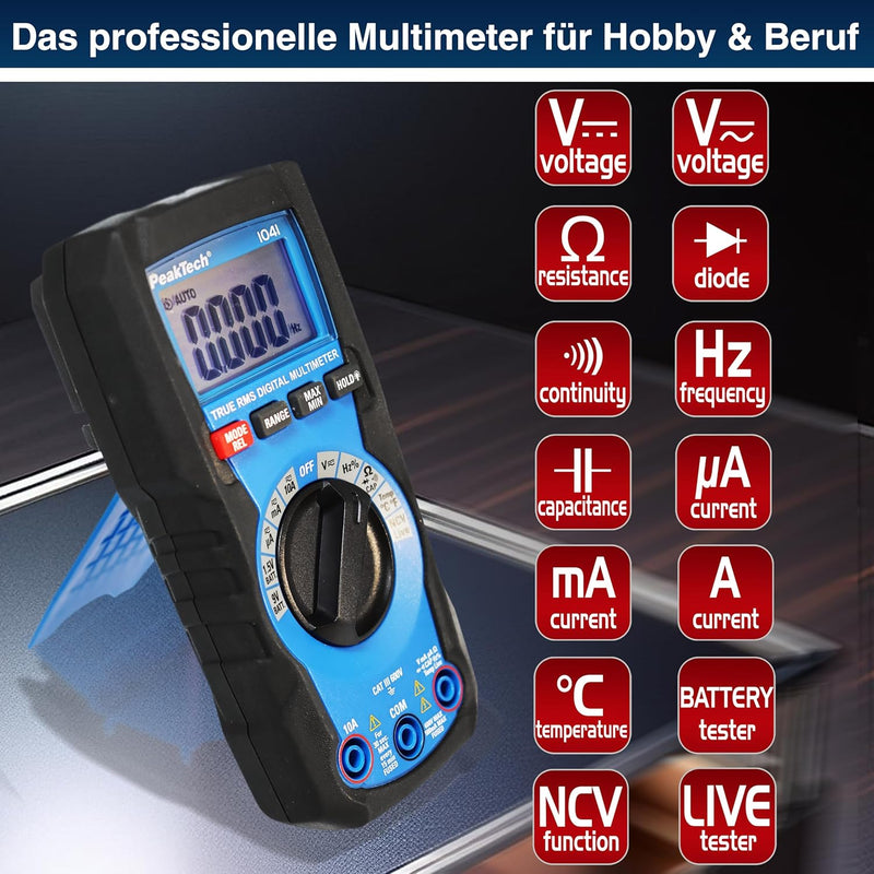 PeakTech 1041 – True RMS Digital Multimeter, Auto-Range, 4.000 Counts, Durchgangsprüfer, Mehrfach-Me