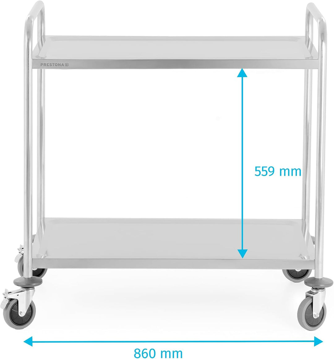TECHNICA PRESTONA Servierwagen Edelstahl 2 Etagen mit Rollen & Bremse Rundgriff 860x540x940mm Rollwa