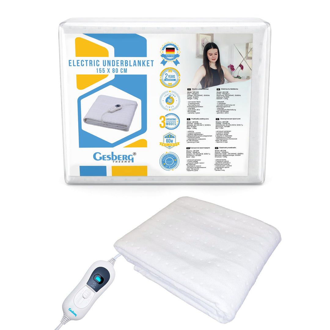 GESBERG Elektrischedecke 155 x 80 cm, Heizmatte, Thermodecke, Heizdecke, Bettwärmer, Auto off