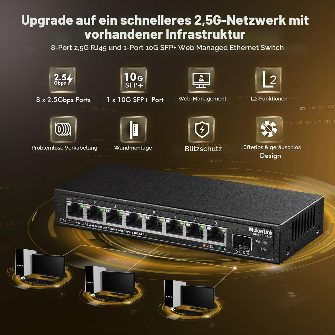 MokerLink 8 Port 2.5 Gigabit Managed Switch mit 10G SFP+ Slot, 8 x 2.5G Base-T Ports kompatibel mit